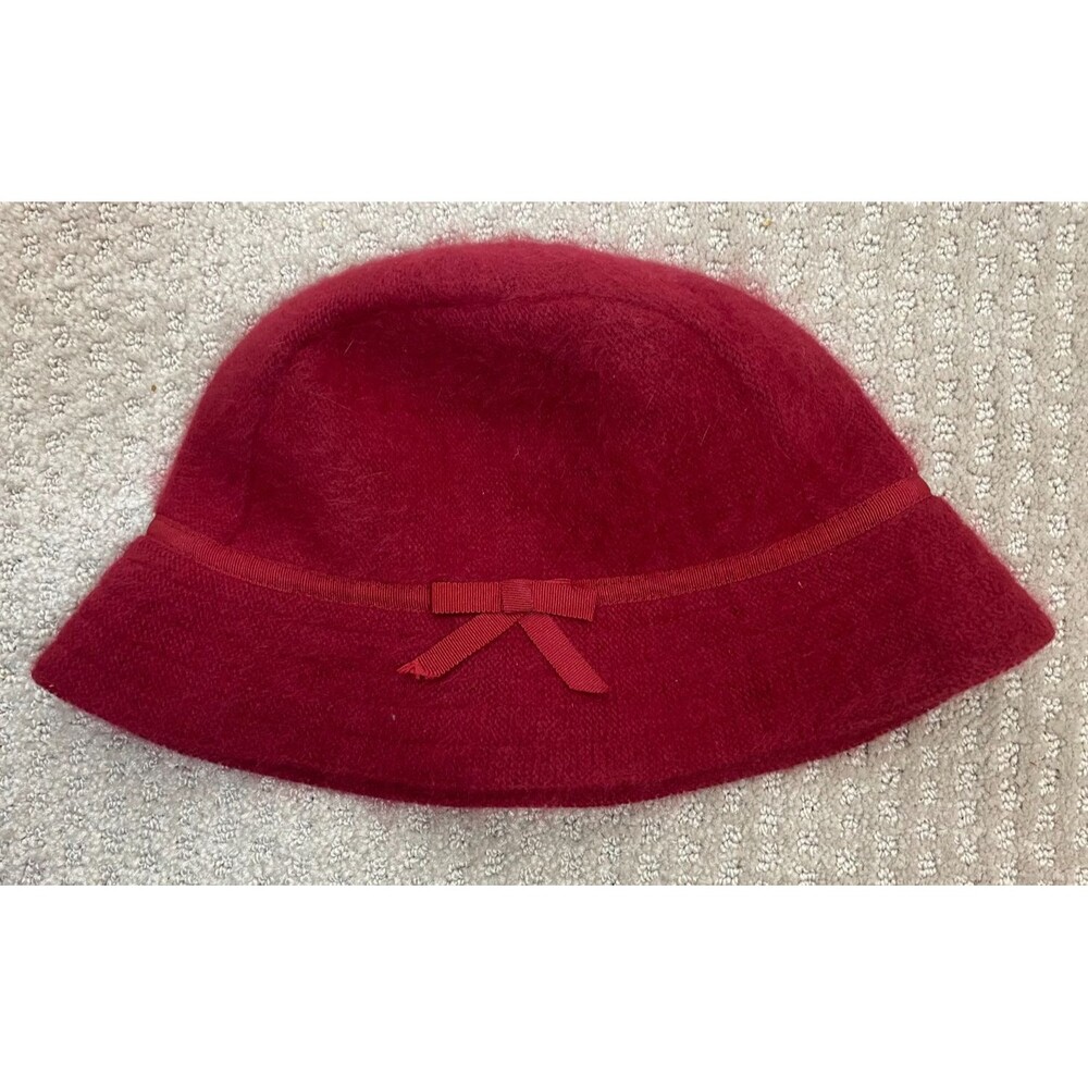 Vintage Y2K GAP Rabbit Hair Wool Bucket Hat Fuzzy Red Bow S/M Preppy Academia